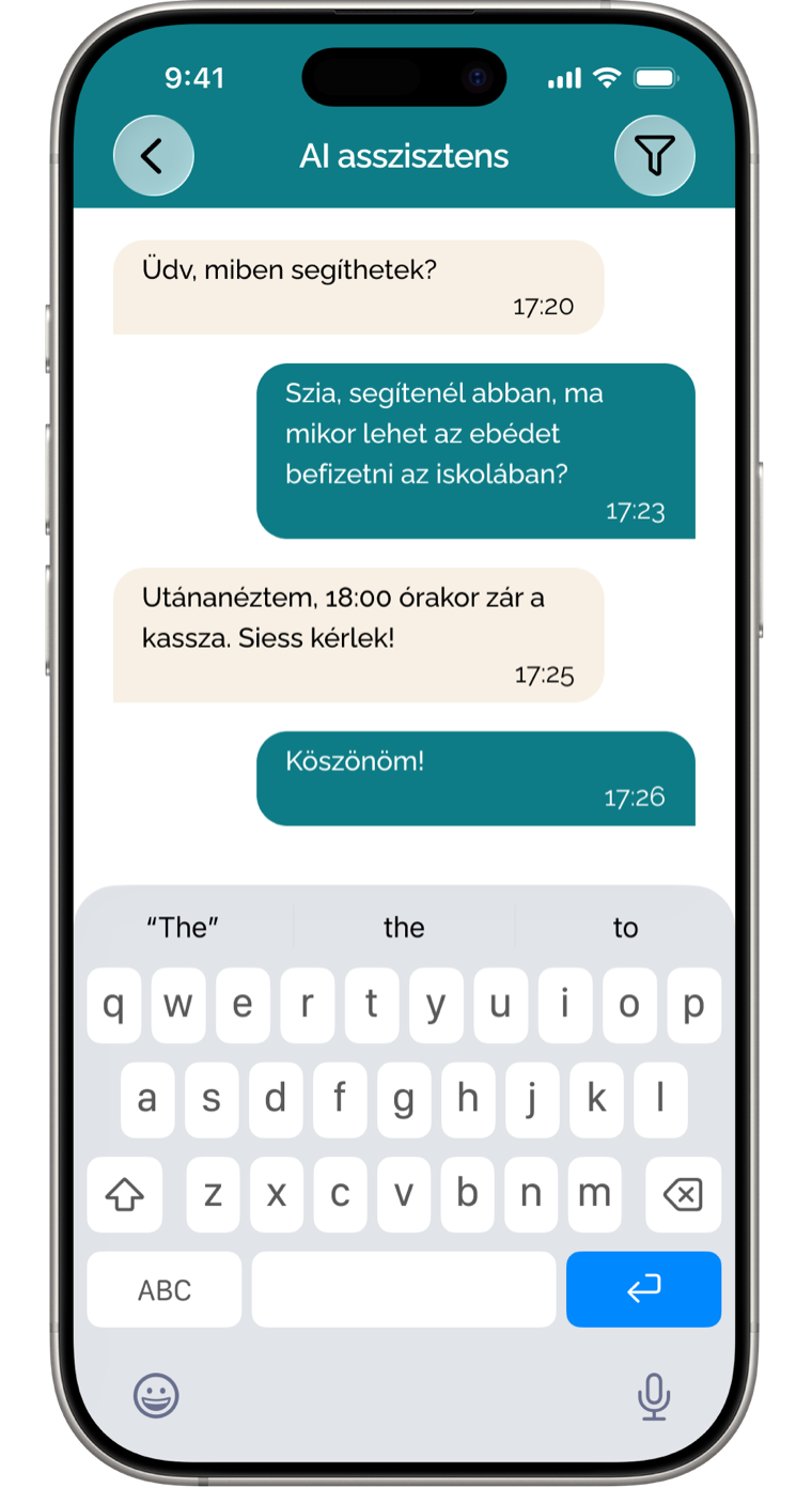 AI asszisztens képernyő az applikációban