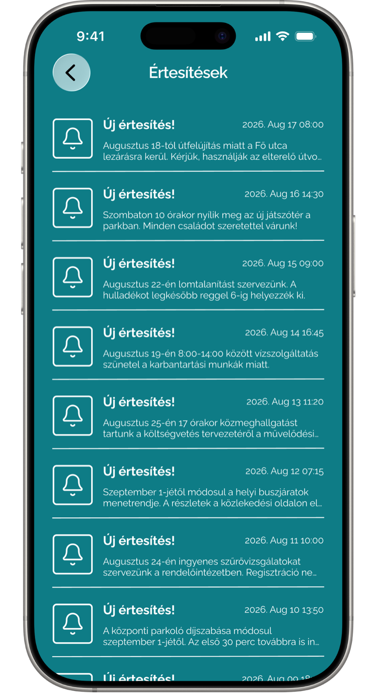 Értesítések képernyő az applikációban