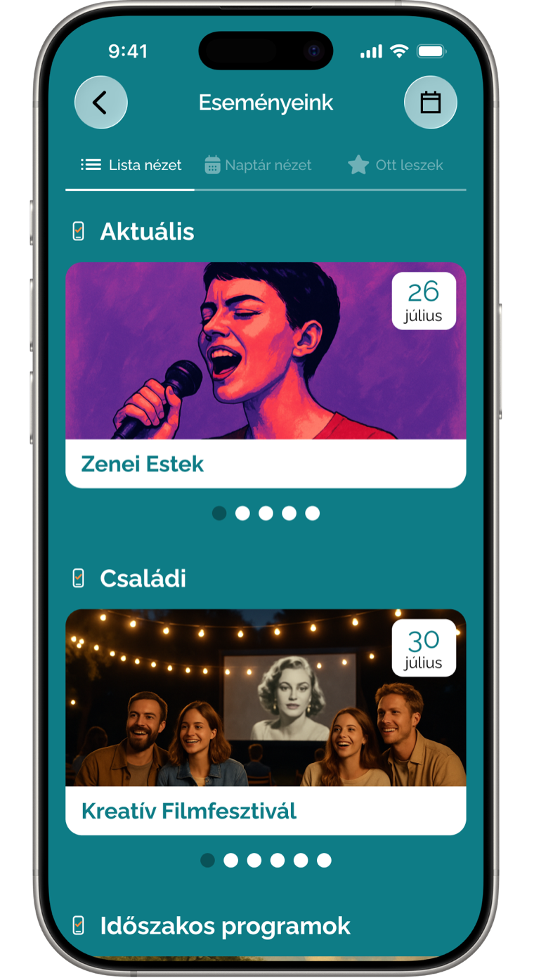 Események képernyő az applikációban