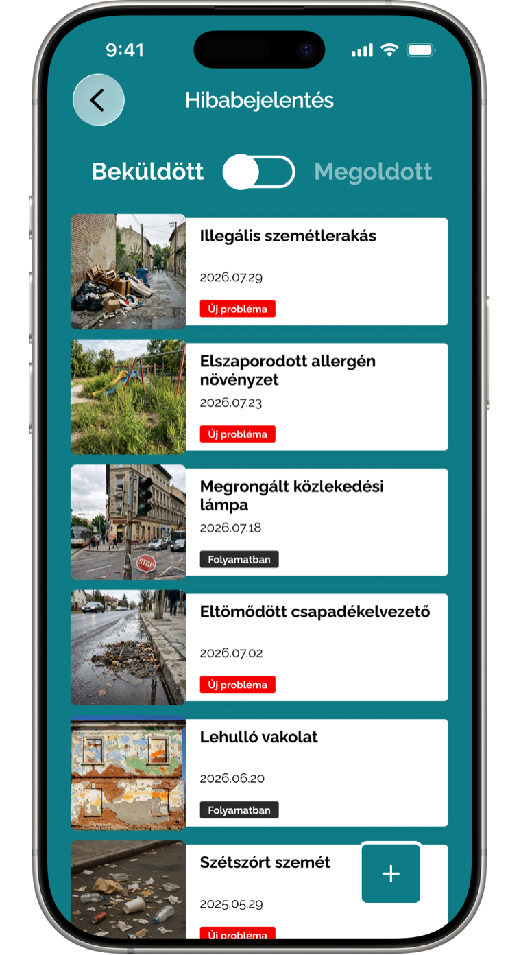 Problémabejelentő képernyő az applikációban