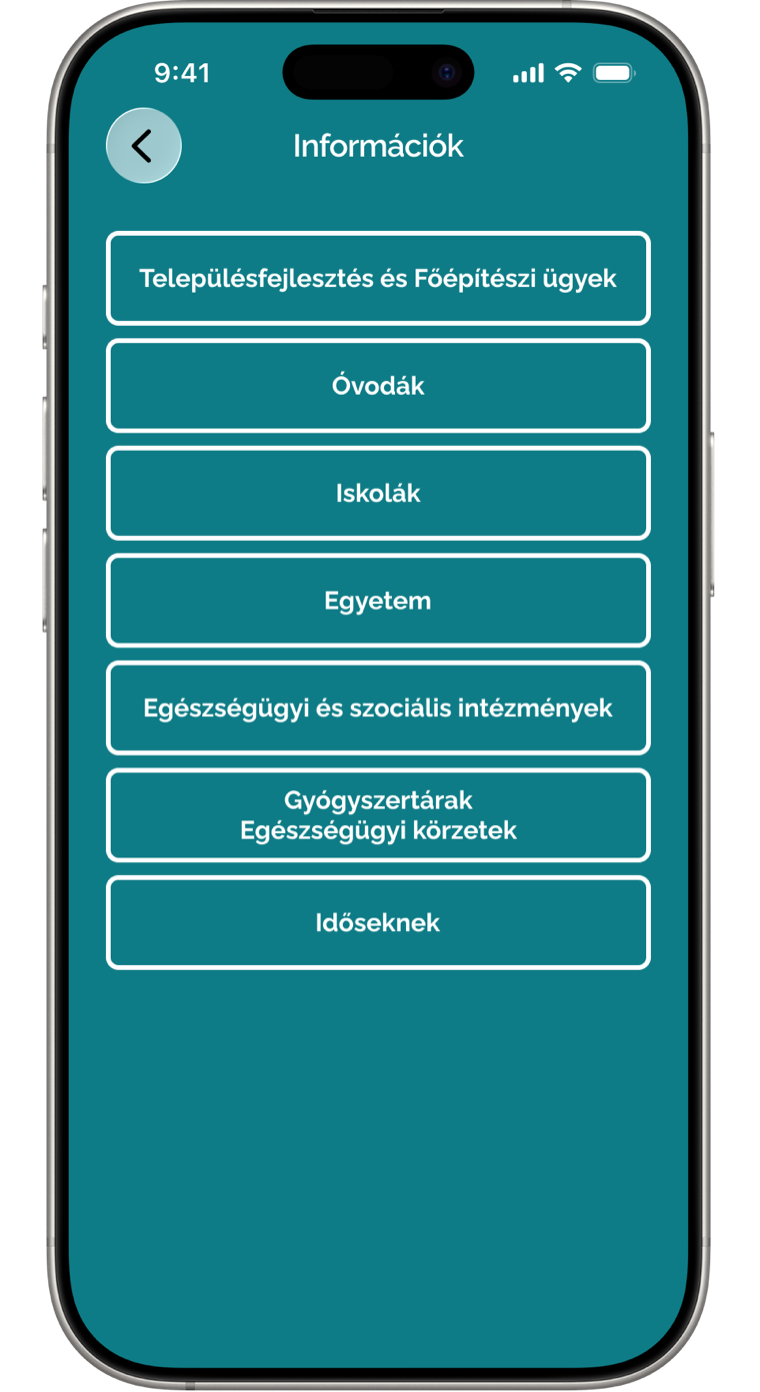 Információk képernyő az applikációban