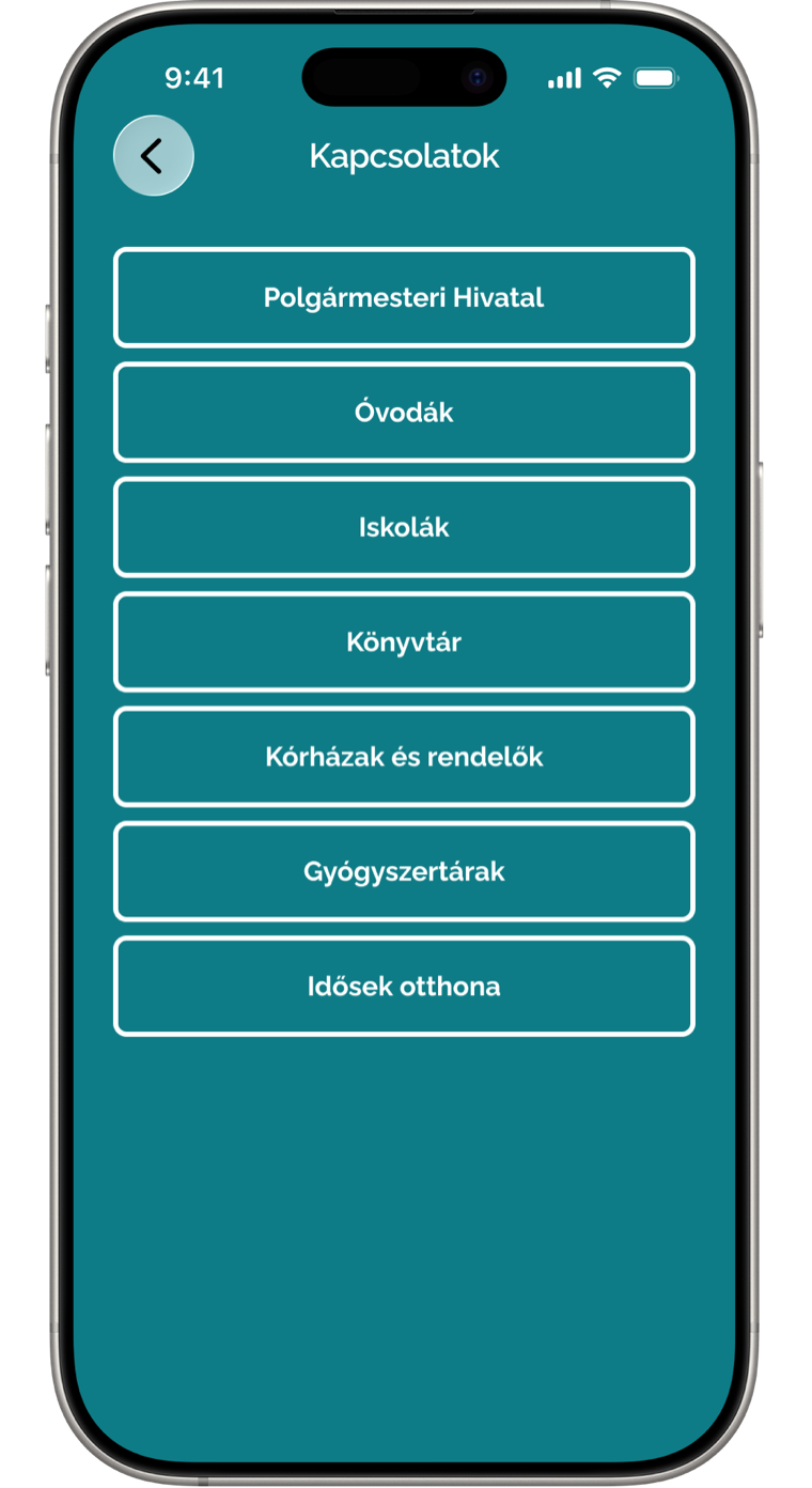 Kapcsolat képernyő az applikációban