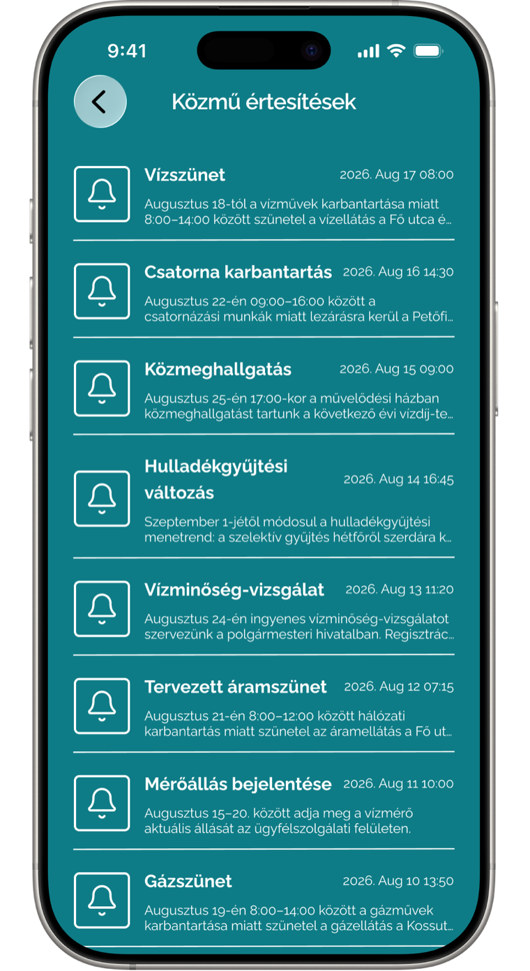 Közmű értesítések képernyő az applikációban